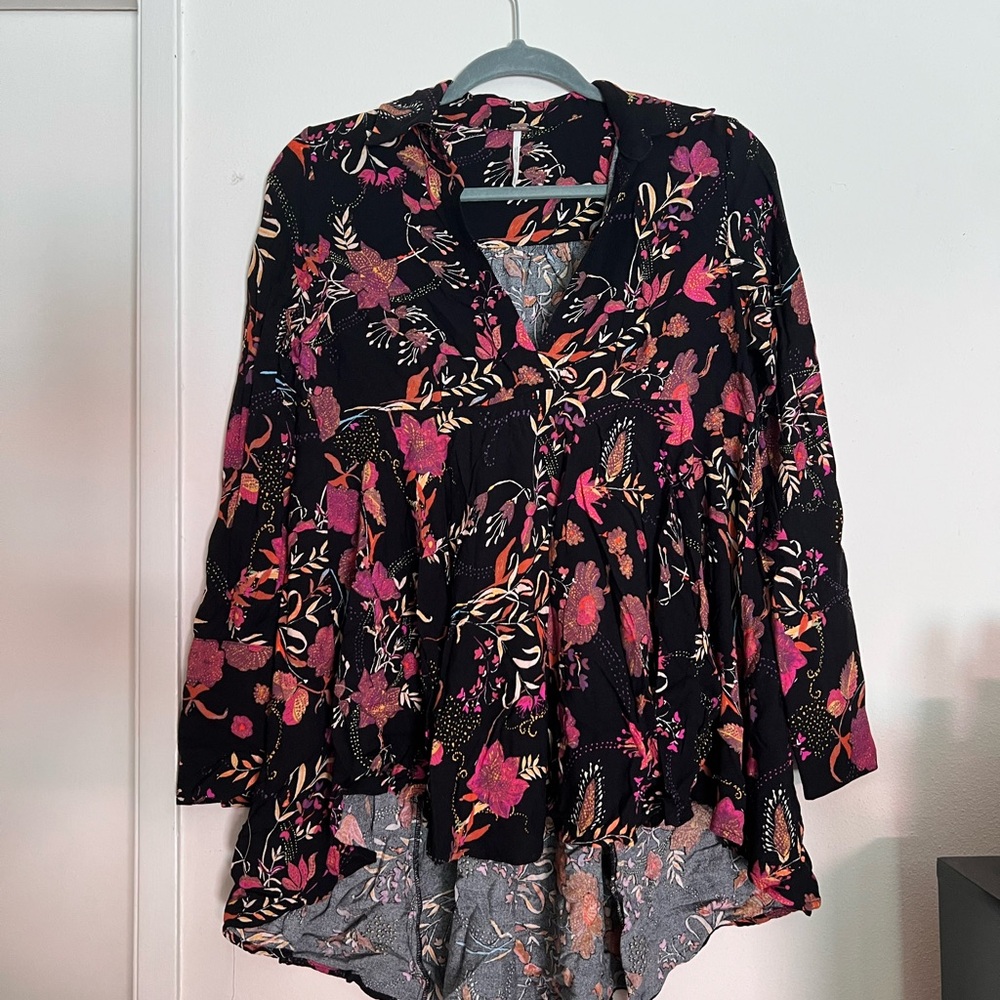 Free People Black and Pink Graphic Peplum Blouse